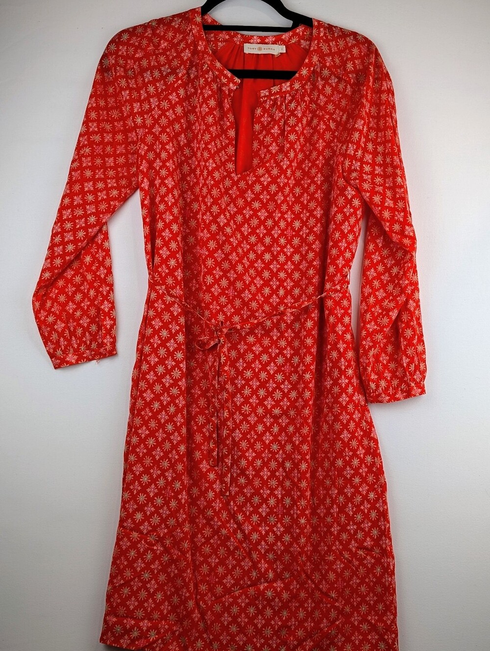 Tory Burch Orange Boho Printed Silk Shift Dress with tie Size 4